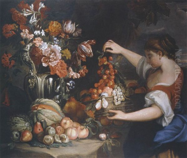 Fruchte Und Blumenstilleben Mit Einer Jungen Frau Oil Painting by Abraham Brueghel