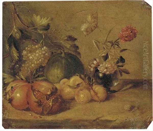 Pomegranates, Grapes, Peaches And A Melon, With Peonies In A Glass Vase On A Stone Ledge, With A Butterfly And A Snail Oil Painting by Abraham Brueghel