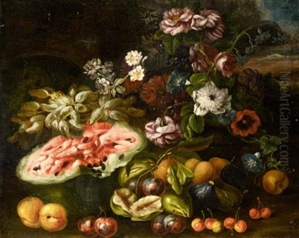 Still Life Life With Grapes, A Melon, Figs, Plums, Peaches And Various Flowers In A Landscape Oil Painting by Abraham Brueghel