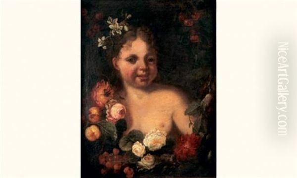 Jeune Enfant Dans Une Guirlande De Fleurs Et De Fruits (collab. W/guillaume Courtois) Oil Painting by Abraham Brueghel