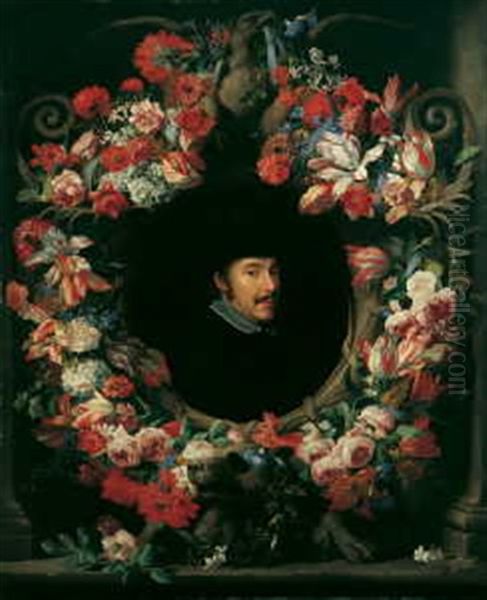 Blumenkranz Um Eine Kartusche Mit Dem Bildnis Eines Herrn (collab. W/jacob Van Oost (the Younger)) Oil Painting by Abraham Brueghel