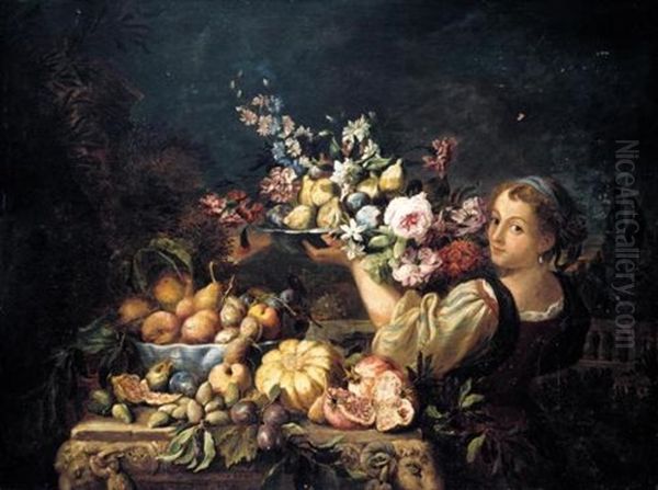 A Still Life Of A Melon, Open Pomegranates, Plums, Figs, Peaches And Pears On A Carved Stone Table, With A Girl Supporting A Bowl Of Figs And Flowers To The Right Oil Painting by Abraham Brueghel