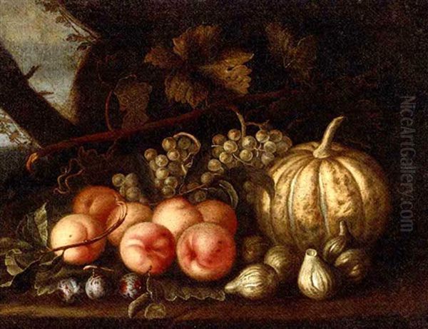 Grapes, Peaches, Figs, Plums And A Melon On A Forest Floor Oil Painting by Abraham Brueghel