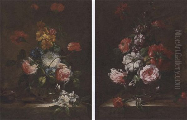 Poppies, Roses And Other Flowers In A Glass Vase On A Stone Ledge Oil Painting by Abraham Brueghel