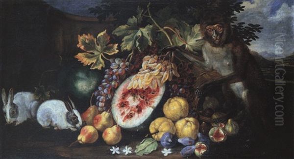 Fruchtestilleben Mit Hasen Und Einer Meerkatze Oil Painting by Abraham Brueghel