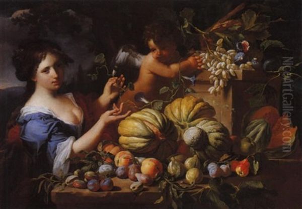 Natura Morta Di Frutta Con Figura Femminile Oil Painting by Abraham Brueghel