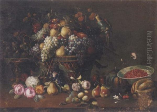 Pears, Grapes, Plums, Apricots And Other Fruit And A Parrot In A Basket, Figs On A Silver Tazza, Cherries In A Bowl With Other Fruit And Flowers On A Wooden Ledge Oil Painting by Abraham Brueghel