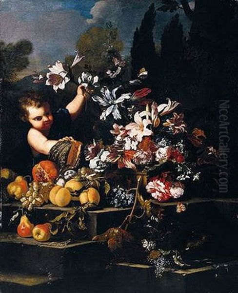 A Young Boy Arranging Flowers In An Urn With Peaches, Pears, Grapes, A Pomegranate And A Melon On Stone Steps In A Garden Oil Painting by Abraham Brueghel