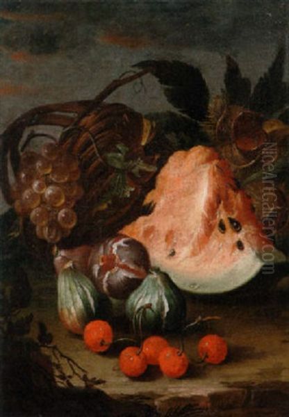 A Slice Of Watermelon, Figs, Cherries And Chestnuts With An Upturned Basket And Grapes On A Stone Ledge Oil Painting by Abraham Brueghel