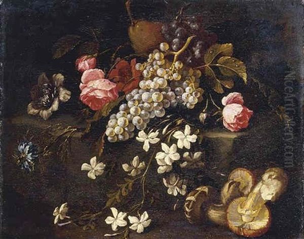 Still Life Of Fruit And Flowers Resting On A Stone Ledge With Mushrooms In The Foreground by Abraham Brueghel