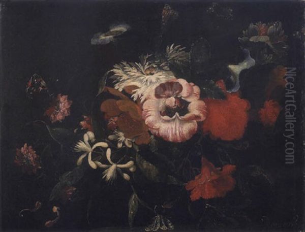 Roses, Volubilis, Chevrefeuille, Pivoines...poses Sur Un Entablement Et Autour Desquels Volettent Des Papillons Et Un Scarabee Oil Painting by Abraham Brueghel