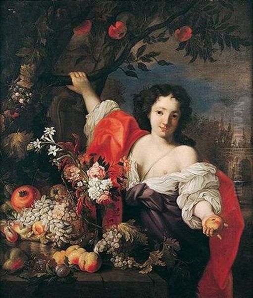 Still Life Of Fruit And Flowers With A Young Maid Servant, A Garden Beyond Oil Painting by Abraham Brueghel