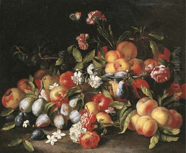 Apples, Pears, Peaches And Plums With Carnations, Roses, Peaches And Plums In A Glass Bowl With An Orange-tip Butterfly Oil Painting by Abraham Brueghel