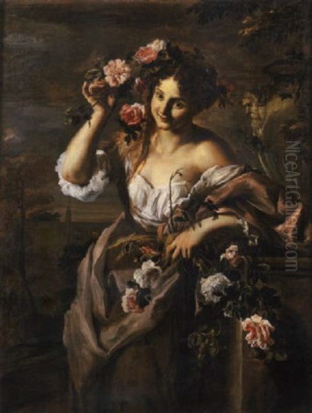 Figura Femminile Che Regge Fiori E Spighe, Presso Un Basamento Scolpito In Pietra Ed Un Vaso Da Giardino, Con Architetture Classiche Sullo Sfondo Oil Painting by Abraham Brueghel