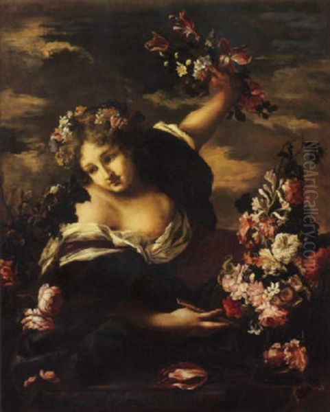 Figura Femminile Con Diadema Di Fiori, Flauto E Fiori Nella Mano Sinistra, Poggiata Su Un Piano Di Pietra Scolpito, Presso Un Vaso Di Fiori  In Cristallo Oil Painting by Abraham Brueghel