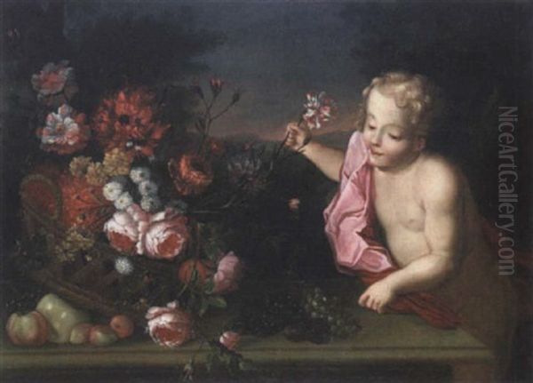 Amour Saisissant Une Corbeille De Fleurs Oil Painting by Abraham Brueghel