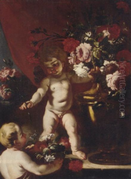 Putti With Carnations, Roses And Other Flowers In Urn Oil Painting by Abraham Brueghel