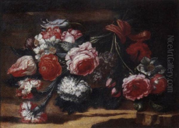 Roses, Tulips And Other Flowers Tied With A Pink Ribbon Oil Painting by Abraham Brueghel