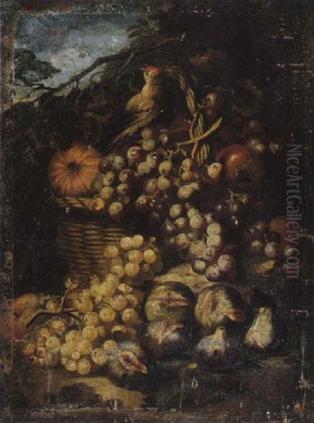 A Still Life Of Red Grapes, A Melon And Apples In A Wicker Basket, With Figs And White Grapes, Together With A Songbird In A Landscape Setting Oil Painting by Abraham Brueghel