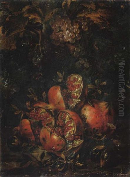 Still Life Of Pomegranates, Figs, And Grapes In A Landscape Setting Oil Painting by Abraham Brueghel