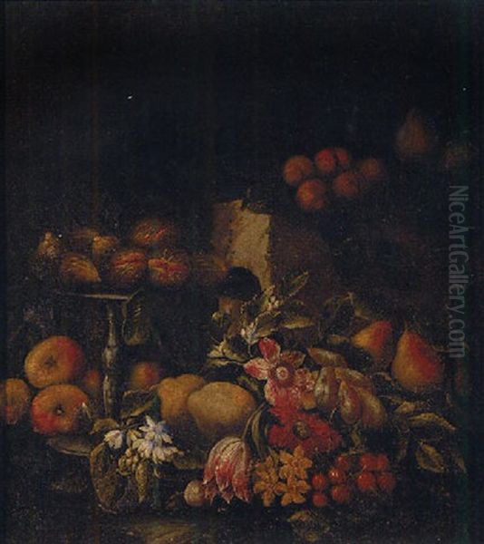 Figs On A Silver Tazza With Apples, Lemons, Pears, Plums, Gooseberries And Flowers By A Stone Ledge In A Landscape Oil Painting by Abraham Brueghel