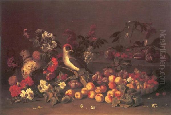 A Still Life Of A Green Woodpecker Standing On A Sprig Of Flowers Beside An Upturned Porcelain Vase Amid Figs, Plums, Cherries And Peaches Oil Painting by Abraham Brueghel