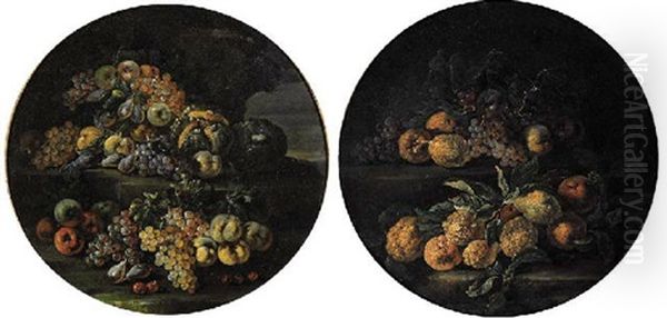 Grapes, Lemons, Oranges, Pears, Cherries, Peaches And Melons On A Stone Ledge In A Landscape Oil Painting by Abraham Brueghel