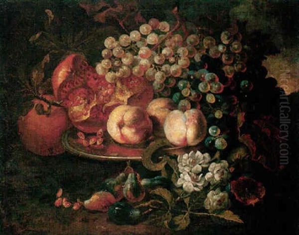 Still Life Of Peaches, Pomegranates And Grapes Upon A Pewter Plate, Together With Figs And Roses Oil Painting by Abraham Brueghel