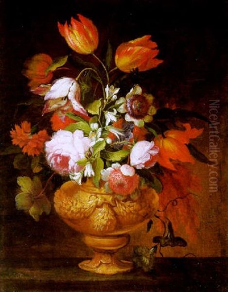 Blumenstraus Mit Rosen, Tulpen, Nelken Und Anderen Bluten In Einer Prunkvase Oil Painting by Abraham Brueghel