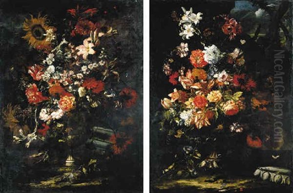 Still Life Of Roses, Parrot Tulips, Carnations And Lilies In A Terracotta Vase In A Landscape Oil Painting by Abraham Brueghel