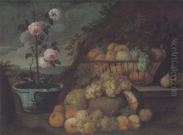 Stilleben Mit Fruchten Und Tongefass Mit Einem Rosenstrauch In Einer Landschaft Oil Painting by Abraham Brueghel