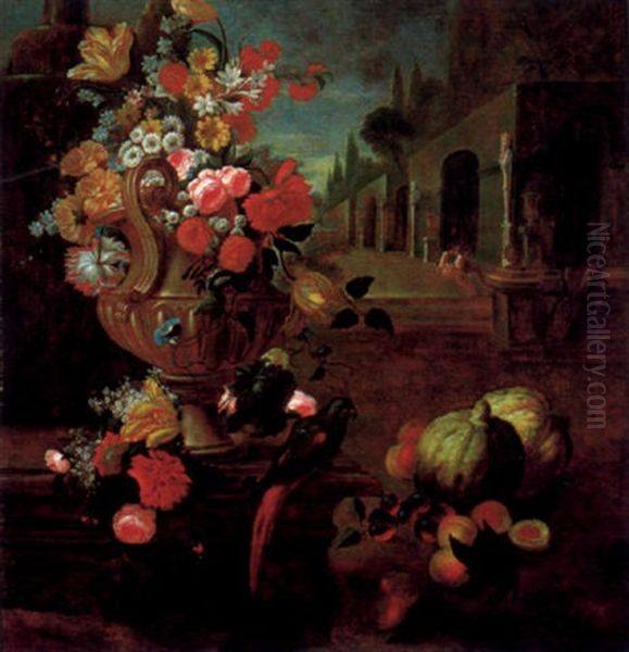 Blumen In Einer Steinernen Prunkvase Mit Fruchten Und Einem Papagei In Einem Schlospark Oil Painting by Abraham Brueghel