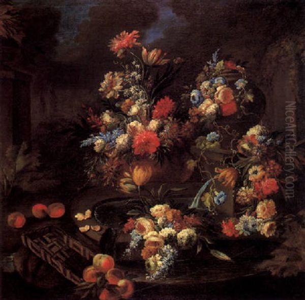 Groses, Dekoratives Blumenstuck Mit Blumen In Tonvasen An Einem Brunnen In Einem Schlospark Oil Painting by Abraham Brueghel