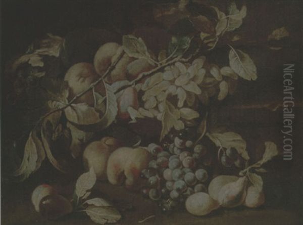 Still Life Of Red And White Grapes, Peaches And Plums On A Stone Ledge Oil Painting by Abraham Brueghel