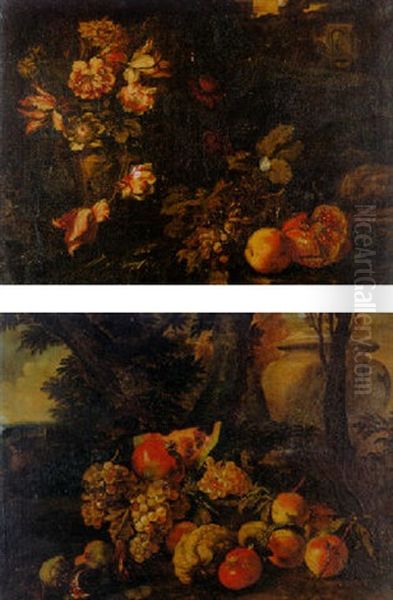 Tulips, Narcissi, Marigolds And Other Flowers In An Urn, With Grapes, A Pomegranate, An Apple And Other Fruit Of A Ledge Oil Painting by Abraham Brueghel