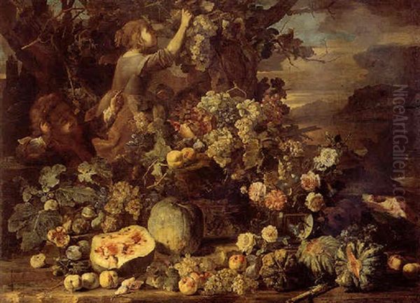 Still Life Of Watermelon, Melons, Figs, Grapes, Pomegranates, And Peaches, With Children Playing (an Allegory Of Autumn) Oil Painting by Abraham Brueghel