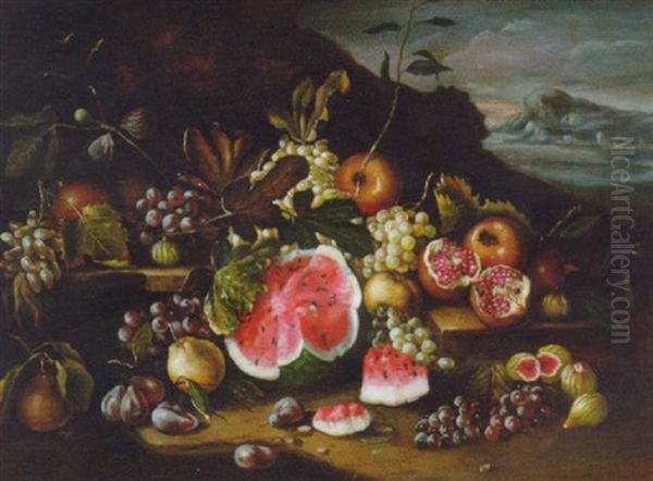 Grapes, Apples, Pears, Figs, Pomegranates And A Watermelon On A Ledge With A Landscape Beyond Oil Painting by Abraham Brueghel