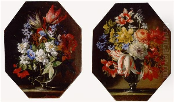 Tulips, Chrysanthemums, Dahlias, Narcissi And Other Flowers In A Glass Vase On A Stone Ledge Oil Painting by Abraham Brueghel