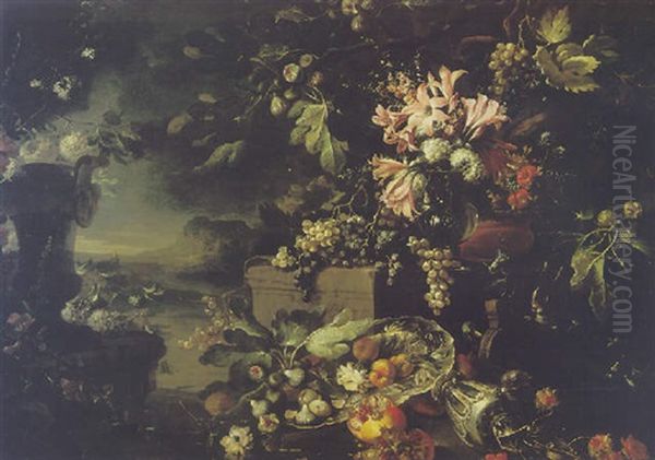 A Still Life Of Lilies And Carnations In A Glass Vase, With Grapes, A Silver Ewer And Basin And Other Fruits And Flowers, A Coastal Landscape Beyond Oil Painting by Abraham Brueghel