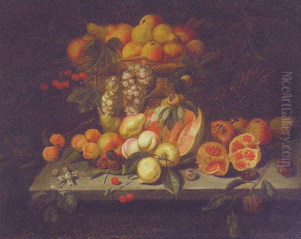 A Pomegranate, Apples, Peaches, Pears, Cherries And Grapes In A Basket With Other Fruit Strewn On A Stone Ledge Oil Painting by Abraham Brueghel