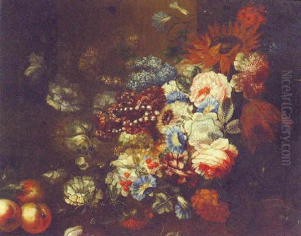 Flowers And Fruit On A Bank Oil Painting by Abraham Brueghel