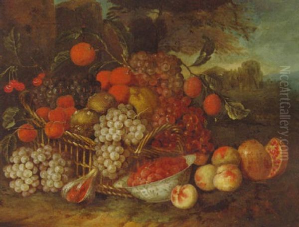 Grapes, Oranges, Cherries, A Lemon And Other Fruits In A Basket And On A Bank, A Landscape Beyond Oil Painting by Abraham Brueghel