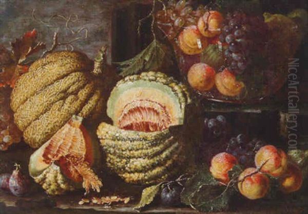 A Melon, Peaches, Plums And Grapes With A Glass Bowl Of Peaches And Grapes On A Ledge Oil Painting by Abraham Brueghel