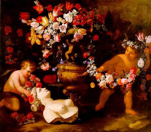 Putti Jouant Avec Des Guirlandes De Fleurs Et Le Buste De Flore Oil Painting by Abraham Brueghel