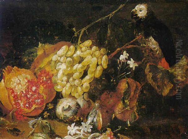 A Pomegranate, Grapes, Fig And Flowers With A Parrot Oil Painting by Abraham Brueghel