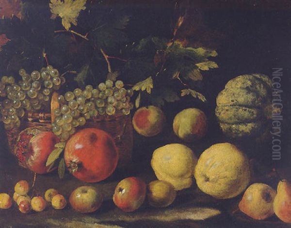 Grapes In A Basket With A Melon, Pomegranates, Peaches, Pears, Apples And Cherries Oil Painting by Abraham Brueghel