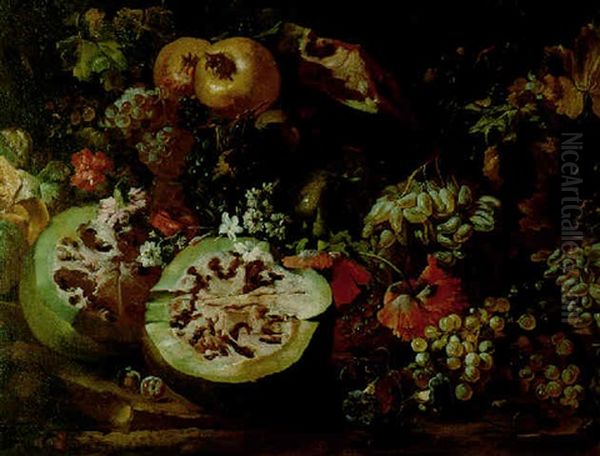 Still Life Of Watermelons, Grapes, Pomegranates, Carnations And Others Flowers Oil Painting by Abraham Brueghel