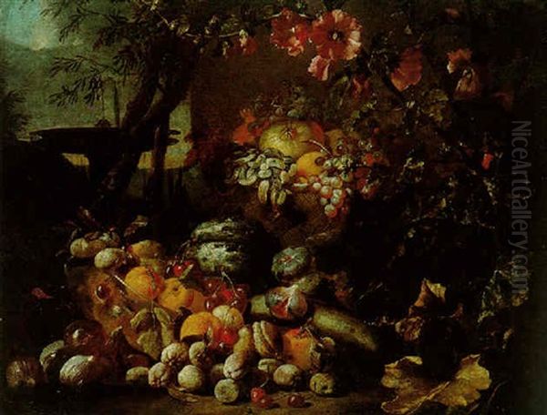 A Still Life Of Fruit In A Basket Together With A Glass Bowl Filled With Plums And Fruit In An Ornamental Garden Setting Oil Painting by Abraham Brueghel