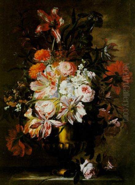 Nature Morte Au Bouquet De Fleurs Dans Un Vase En Bronze Sur Un Entablement De Pierre Oil Painting by Abraham Brueghel