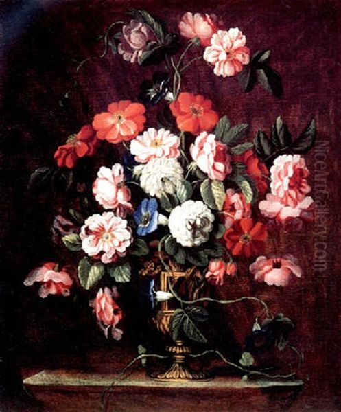 A Large, Decorative Bouquet Of Flowers In A Vase Oil Painting by Abraham Brueghel